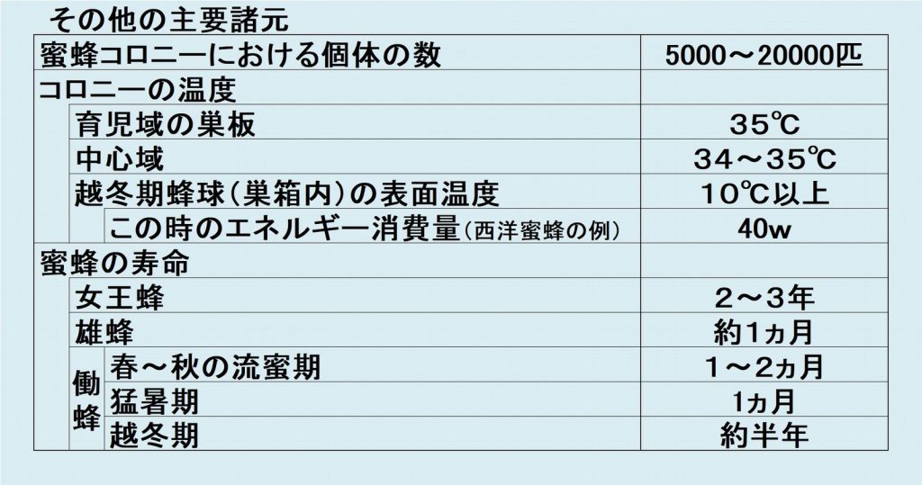日本蜜蜂の主要諸元(テーブル)